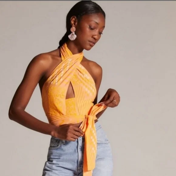ANTHROPOLOGIE EVA FRANCO ORANGE TWIST HALTER TOP NWT SIZE LARGE - Picture 2 of 6